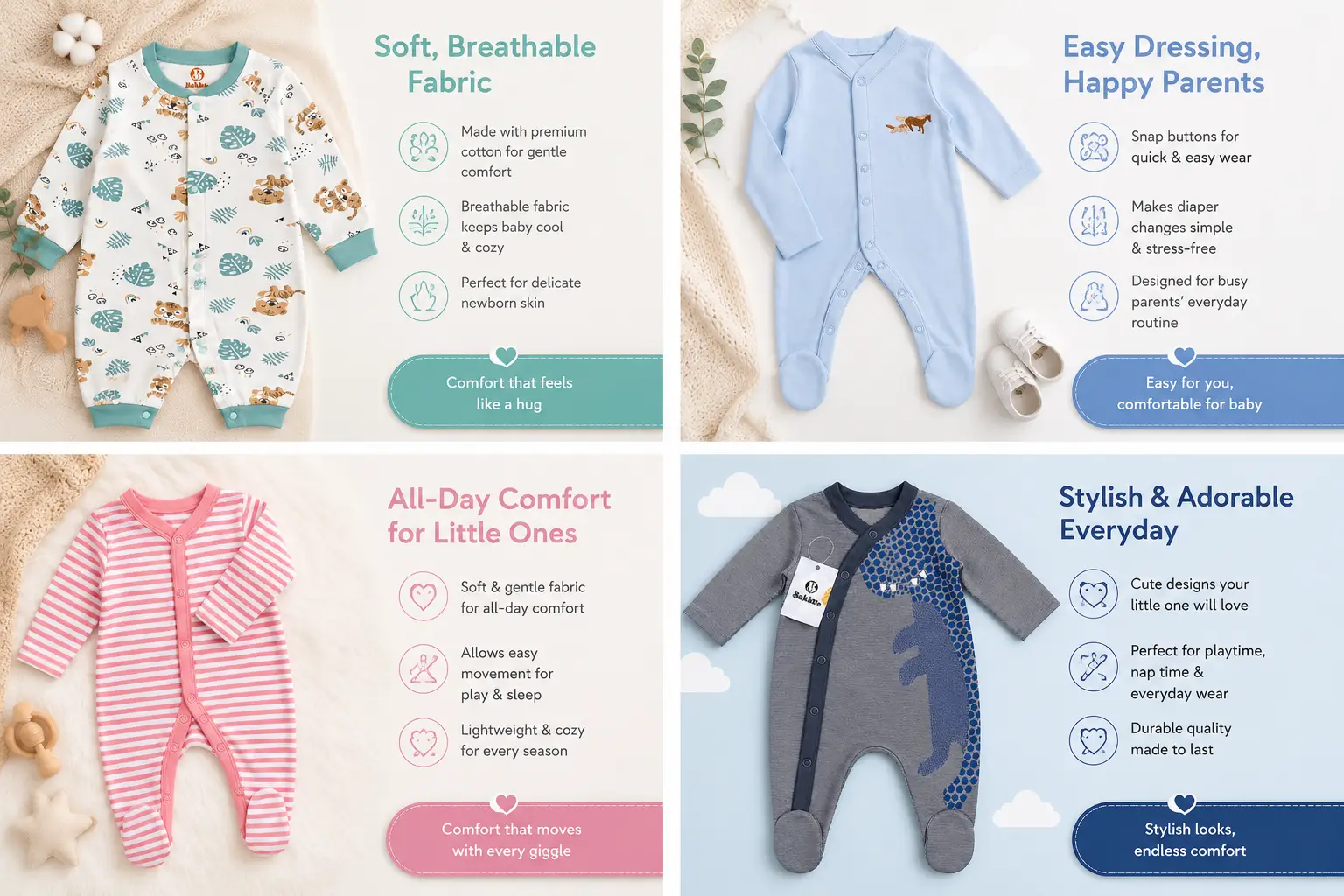 Bakku newborn baby romper collection featuring soft cotton full-sleeve sleepsuits in mint green, floral pink, animal print white, and festive striped designs for 0–3 months babies.