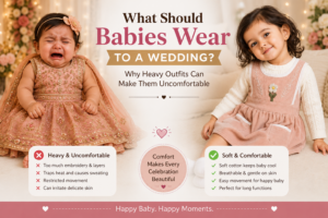Smiling toddler girl wearing a soft pink corduroy pinafore dress over a cream knit top, sitting comfortably beside a crying baby dressed in a heavy embroidered wedding outfit, illustrating comfortable clothing choices for babies at family functions.