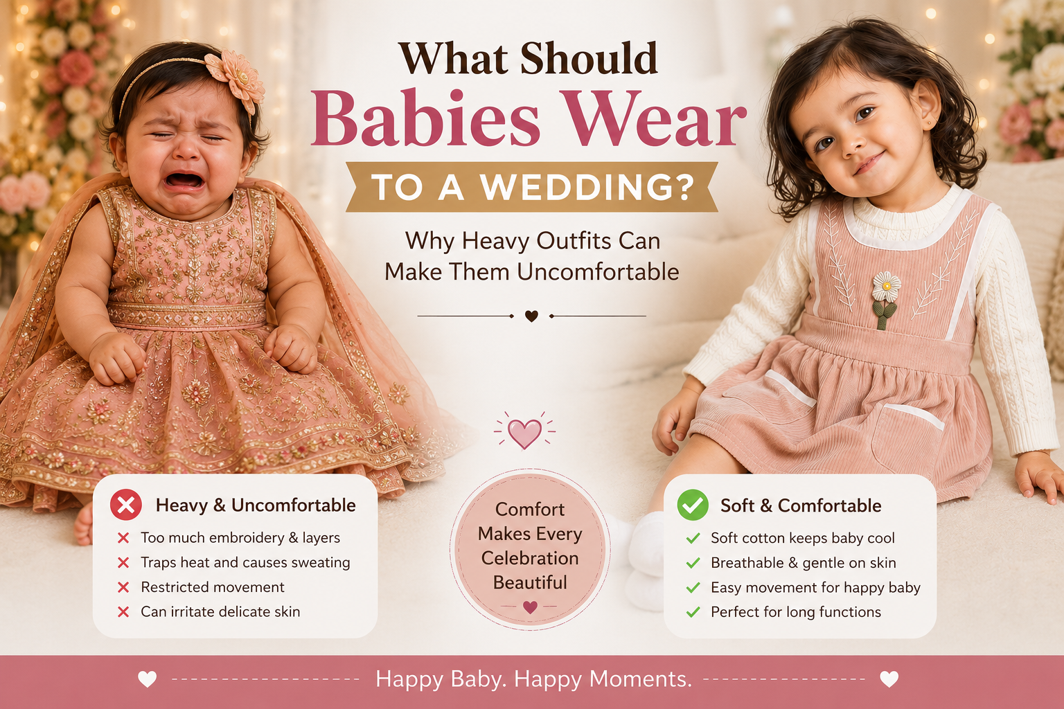 Smiling toddler girl wearing a soft pink corduroy pinafore dress over a cream knit top, sitting comfortably beside a crying baby dressed in a heavy embroidered wedding outfit, illustrating comfortable clothing choices for babies at family functions.