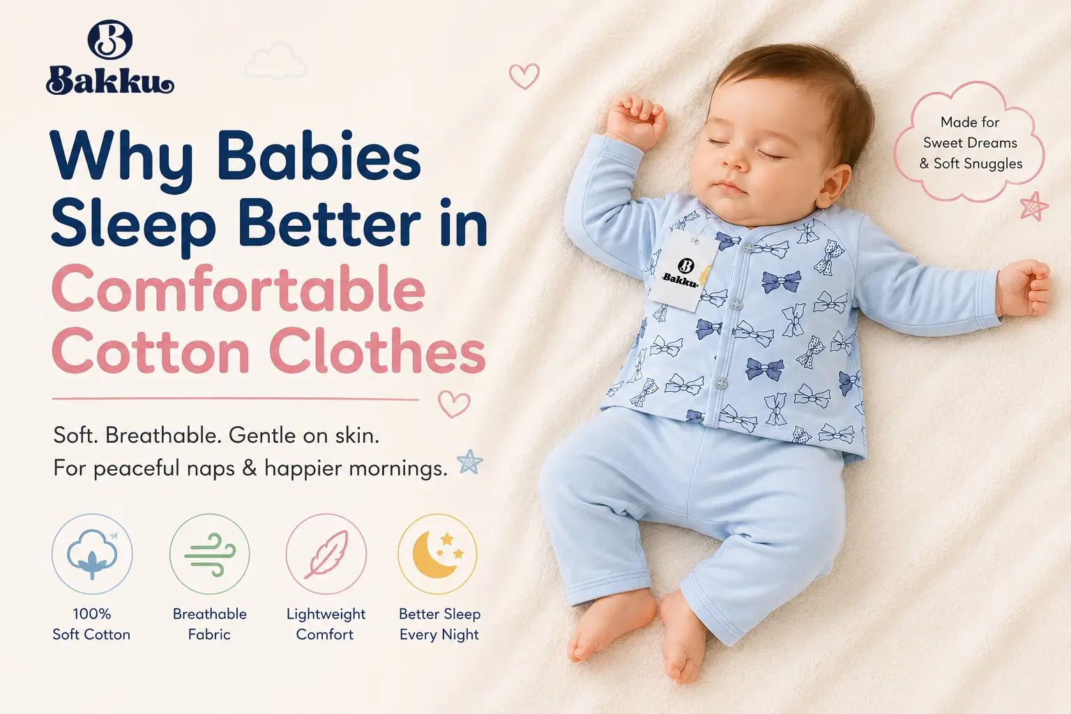 Sleeping baby wearing a soft blue cotton front-open nightwear set, peacefully resting on a cream blanket. Comfortable breathable baby clothes for better sleep and gentle skin care by Bakku Kidswear.