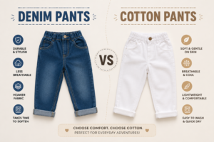 Comparison of blue denim pants and white cotton pants for kids, highlighting comfort, breathability, and everyday wear for children.