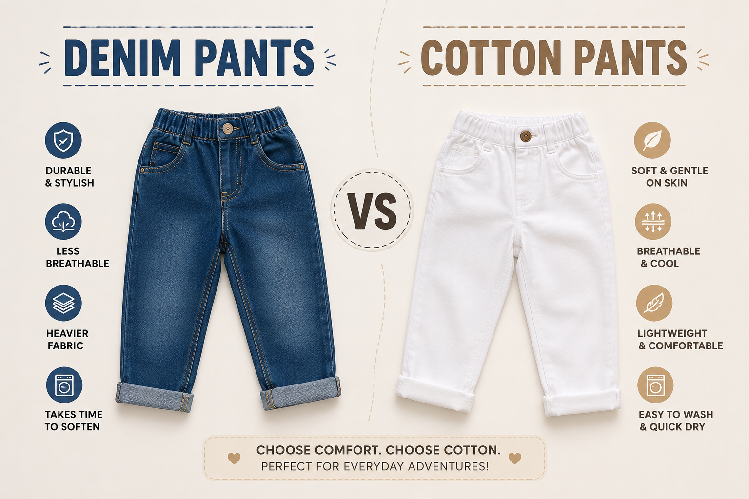 Comparison of blue denim pants and white cotton pants for kids, highlighting comfort, breathability, and everyday wear for children.