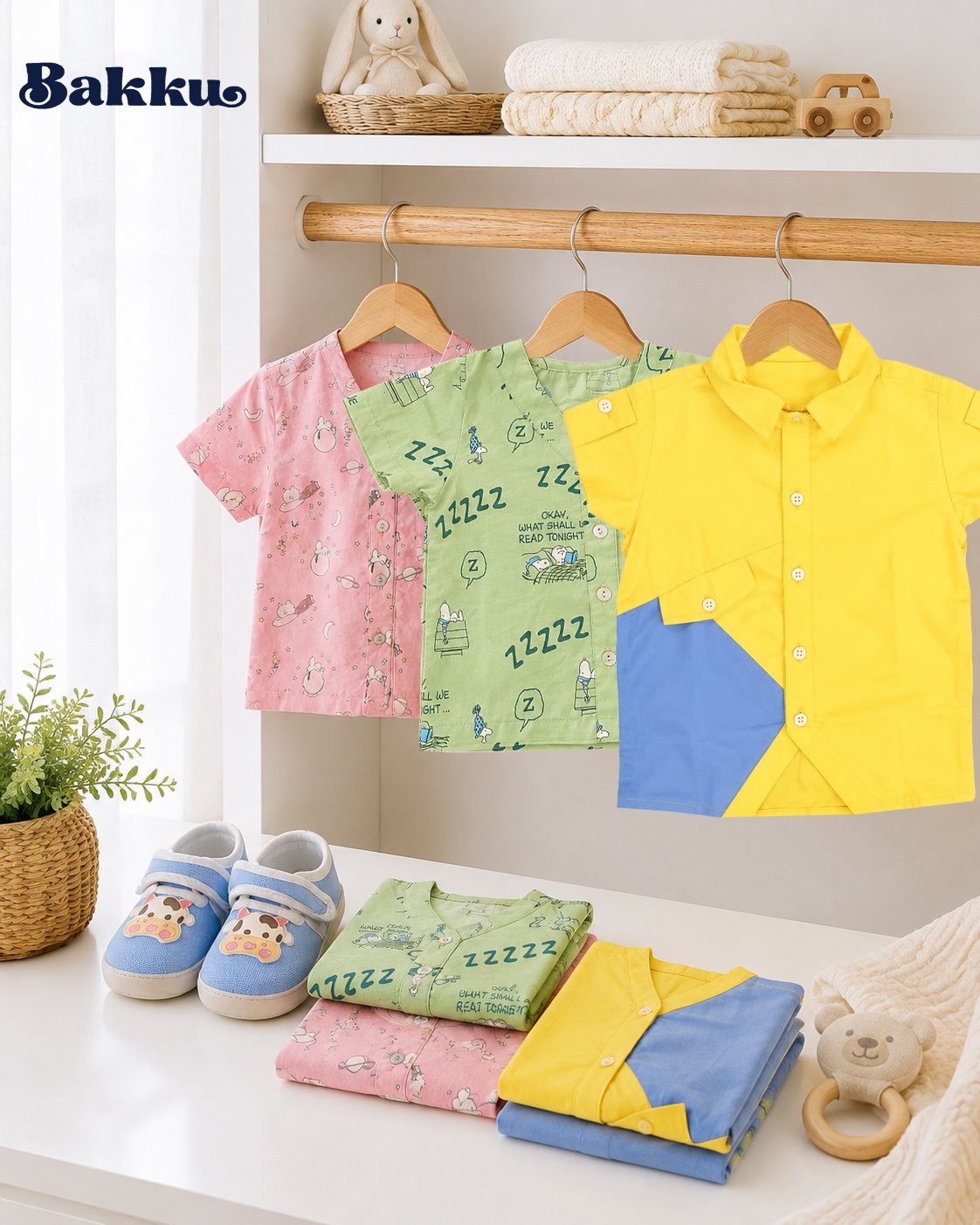 Newborn baby clothes arranged for a simple and practical baby wardrobe