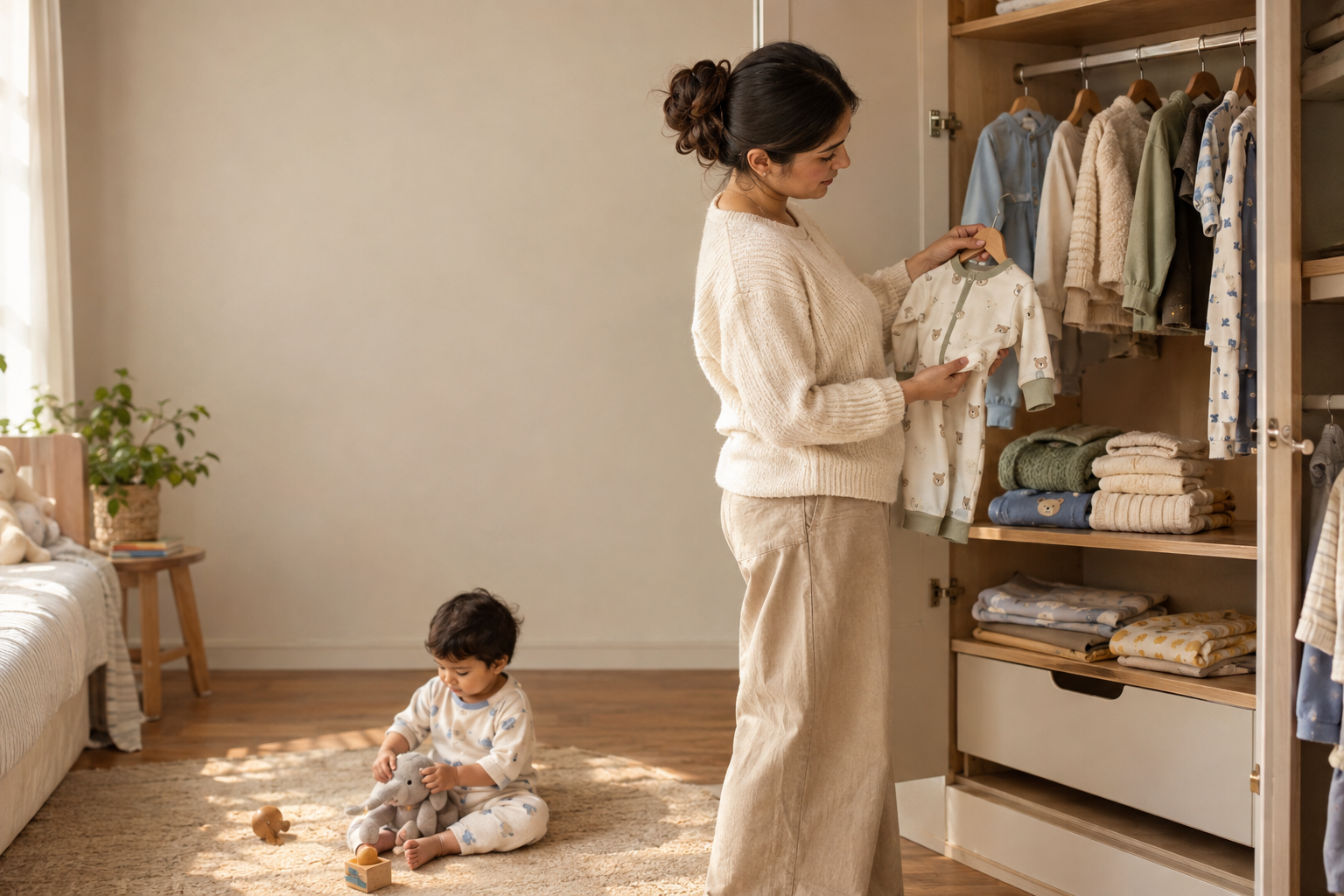 Indian mother choosing winter clothes for her baby