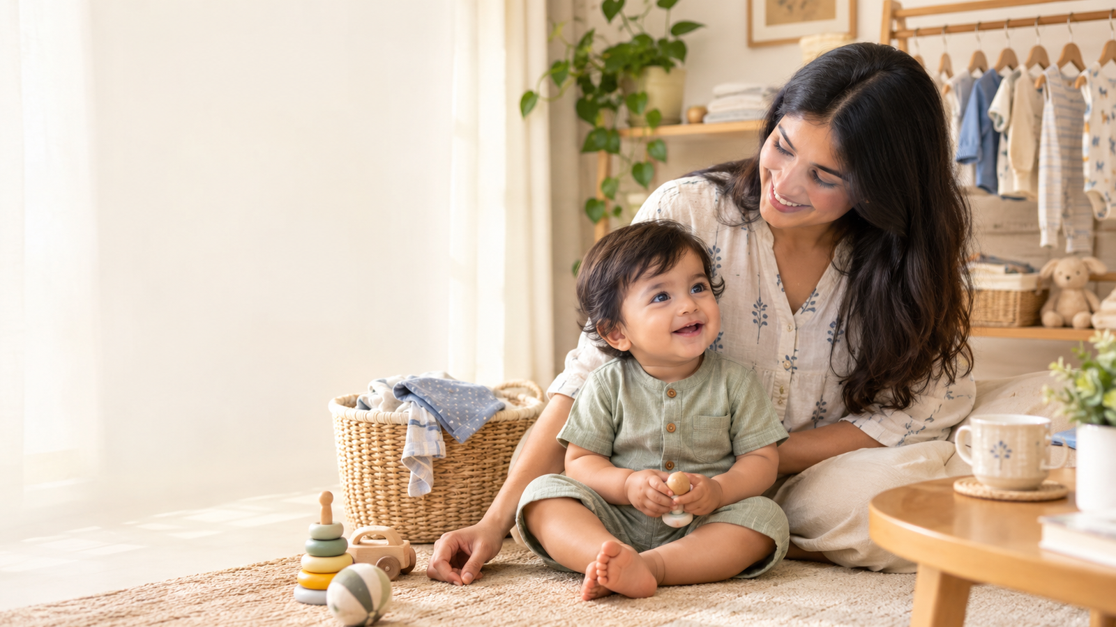 Mom and baby in comfortable everyday clothes by Bakku